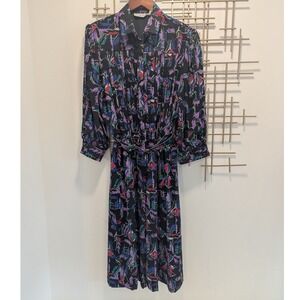 VTG Schrader Sport Abstract Print Belted Pleated Shirt Dress Midi Women's Sz 14‎